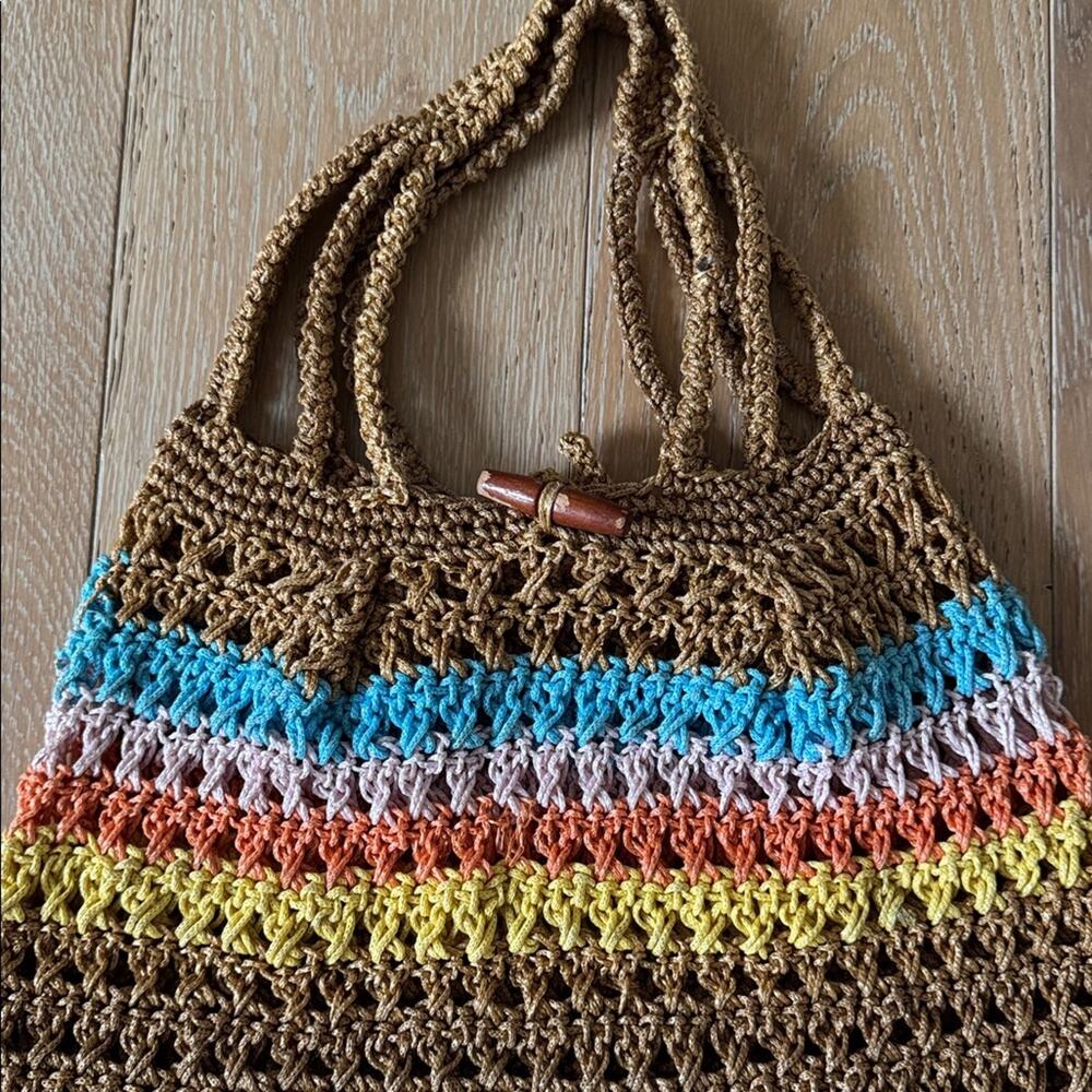 Boho Chic Crochet Festival Tote Bag Multicolor Stripe Beach Market Bag Cottage - Picture 4 of 6